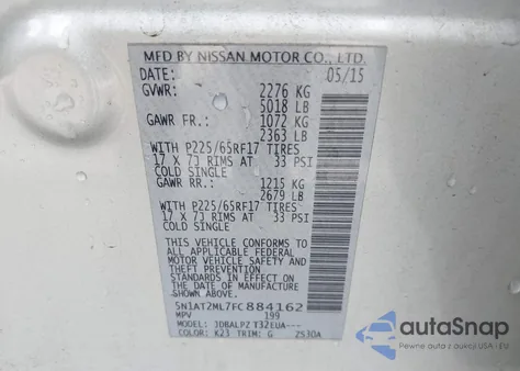 2015 Nissan Rogue S z USA, uszkodzony, nr VIN 5N1AT2ML7FC884162